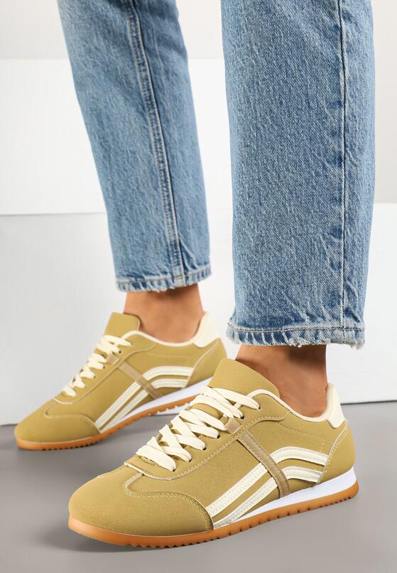Żółte Sneakersy z Przeszyciami i Ozdobnymi Paskami na Boku Beniffa 3