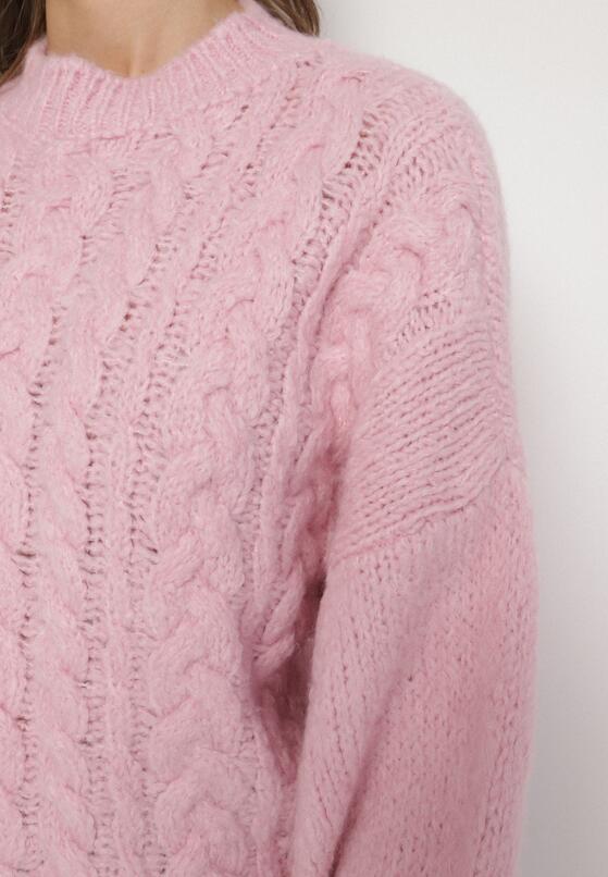 Różowy Sweter z Wełną Zdobiony Warkoczowym Splotem Lakkaria 5
