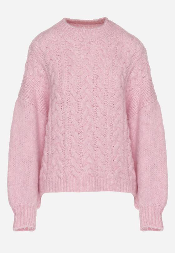 Różowy Sweter z Wełną Zdobiony Warkoczowym Splotem Lakkaria 6