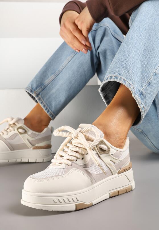 Beżowe Sneakersy w Streetwearowym Stylu na Grubej Podeszwie Teniffia 2