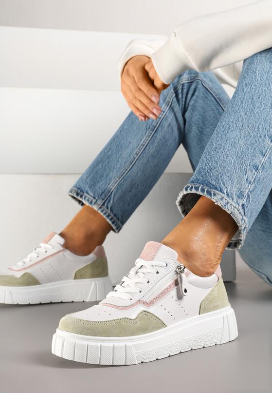 Biało-Zielone Skórzane Sneakersy w Streetwearowym Stylu Zdobione Suwakiem Elearessa 2