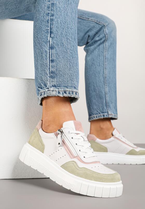 Biało-Zielone Skórzane Sneakersy w Streetwearowym Stylu Zdobione Suwakiem Elearessa 1