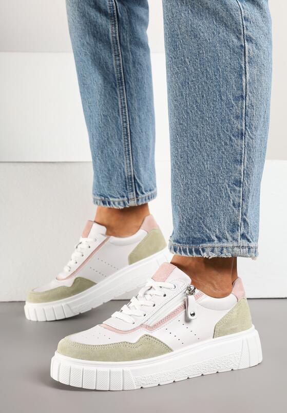 Biało-Zielone Skórzane Sneakersy w Streetwearowym Stylu Zdobione Suwakiem Elearessa 3
