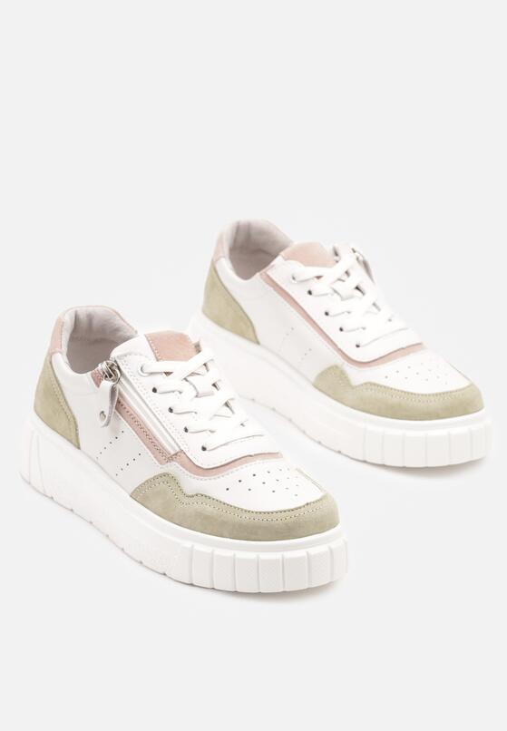 Biało-Zielone Skórzane Sneakersy w Streetwearowym Stylu Zdobione Suwakiem Elearessa 5