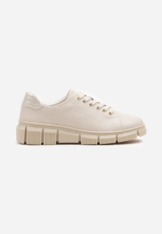 Beżowe Skórzane Sneakersy na Grubej Tłoczonej Podeszwie Nurisena 4