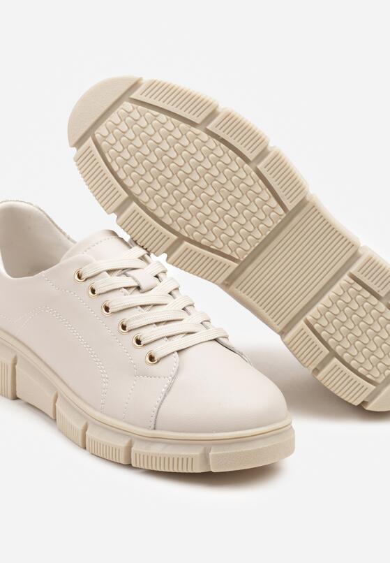 Beżowe Skórzane Sneakersy na Grubej Tłoczonej Podeszwie Nurisena 6