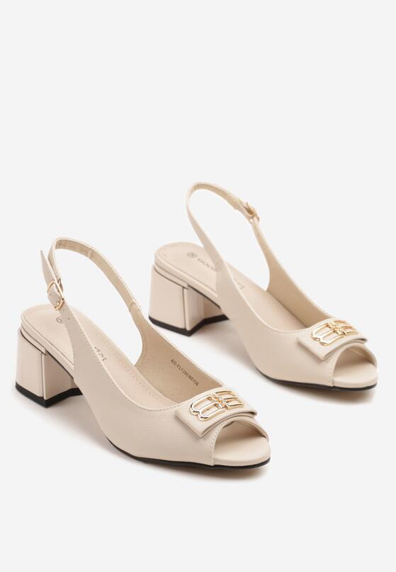 Beżowe Sandały Slingback na Słupku z Otwartym Noskiem i Ozdobną Aplikacją Poledis 5