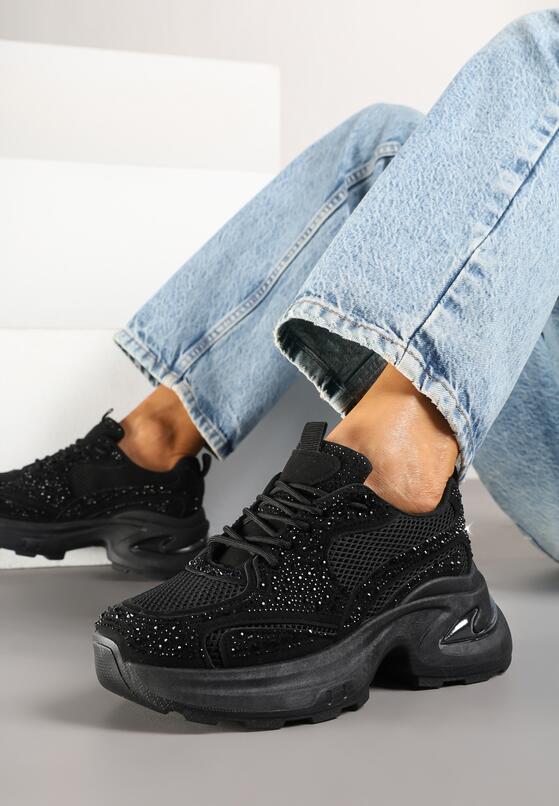 Czarne Sneakersy na Grubej Podeszwie z Cyrkoniami Lenisse