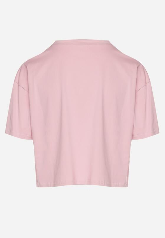 Różowy Bawełniany T-shirt Crop Top z Naszywką Adivios 7