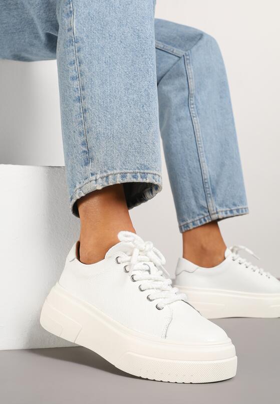 Białe Casualowe Sneakersy ze Skóry Naturalnej na Grubej Podeszwie Belliris 2