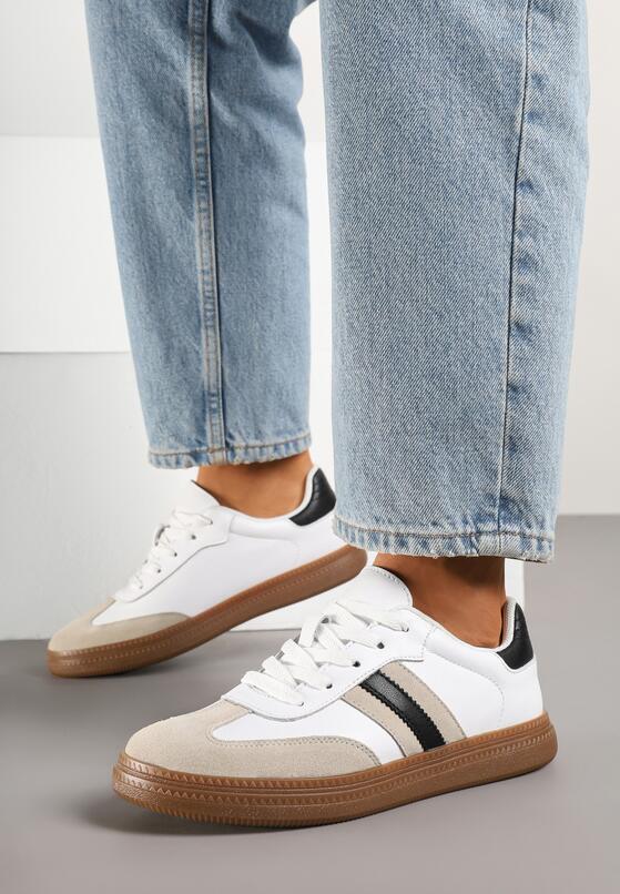 Biało-Czarne Skórzane Sneakersy w Stylu Tenisówek z Ozdobnymi Paskami Tilline 3