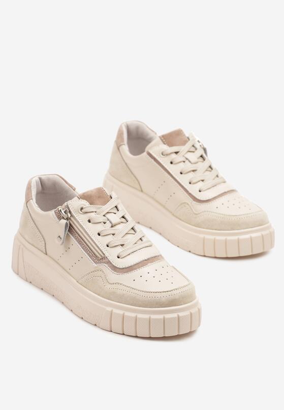 Beżowe Skórzane Sneakersy w Streetwearowym Stylu Zdobione Suwakiem Elearessa 5
