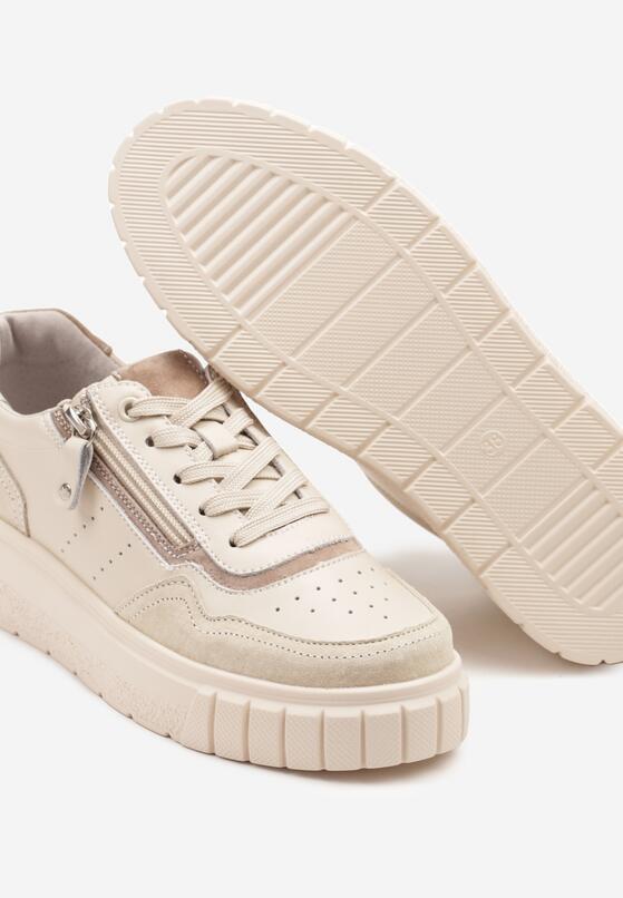 Beżowe Skórzane Sneakersy w Streetwearowym Stylu Zdobione Suwakiem Elearessa 6