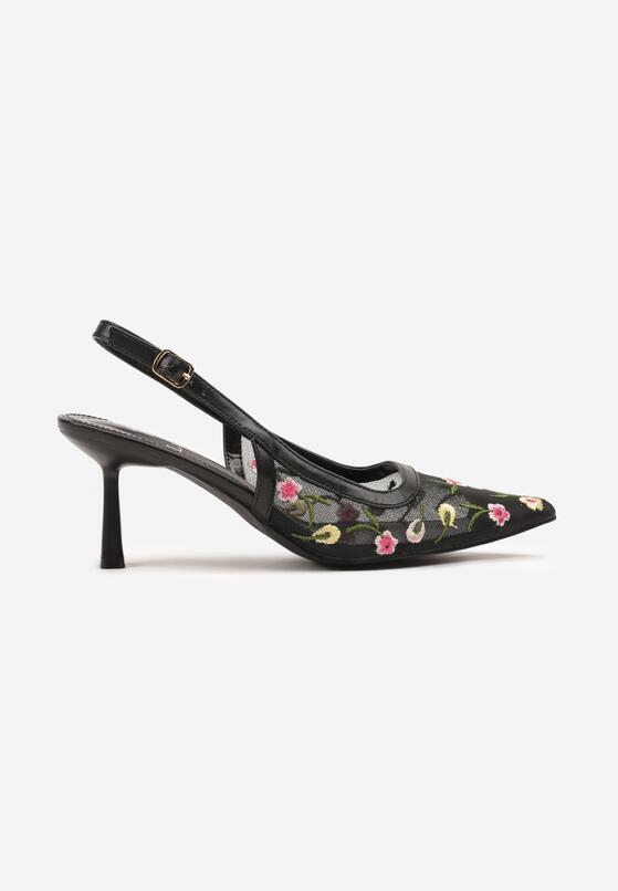 Czarne Sandały Slingback na Obcasie Typu Klepsydra Zdobione Haftem Iveltewia 4