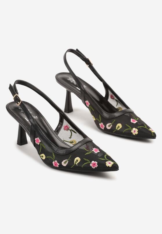 Czarne Sandały Slingback na Obcasie Typu Klepsydra Zdobione Haftem Iveltewia 5