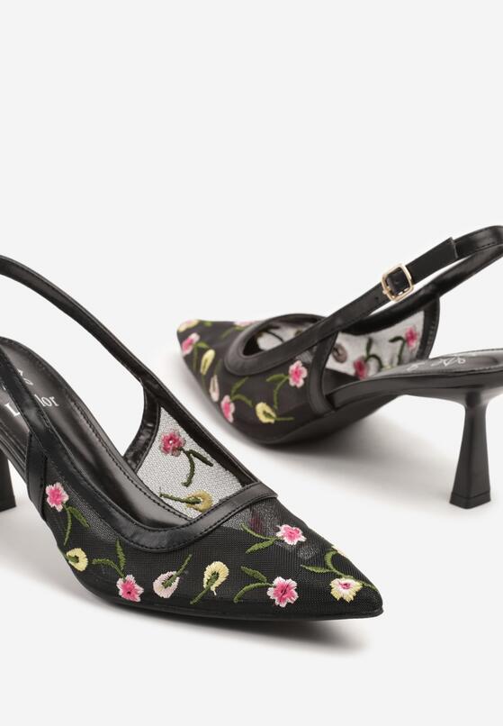 Czarne Sandały Slingback na Obcasie Typu Klepsydra Zdobione Haftem Iveltewia 6