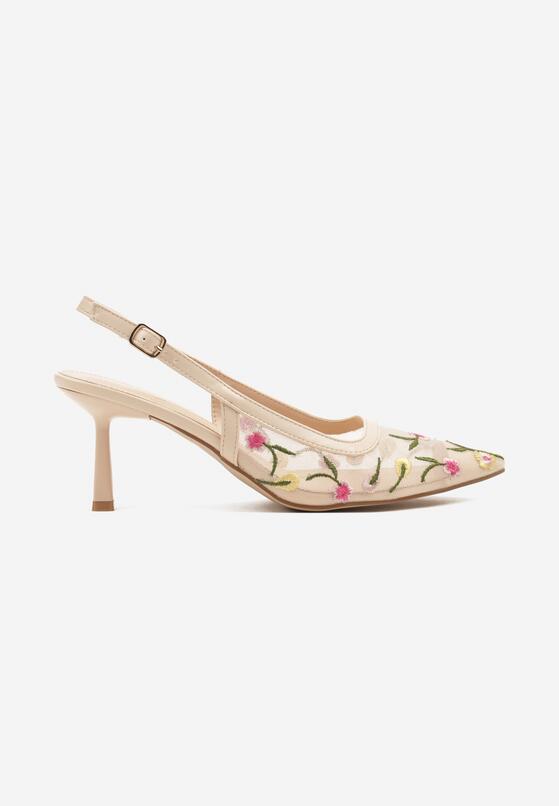 Beżowe Sandały Slingback na Obcasie Typu Klepsydra Zdobione Haftem Iveltewia 4