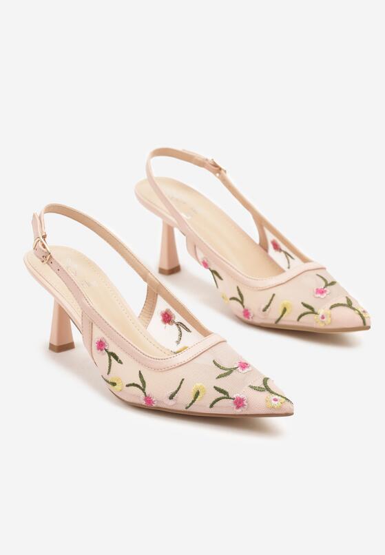 Różowe Sandały Slingback na Obcasie Typu Klepsydra Zdobione Haftem Iveltewia 5