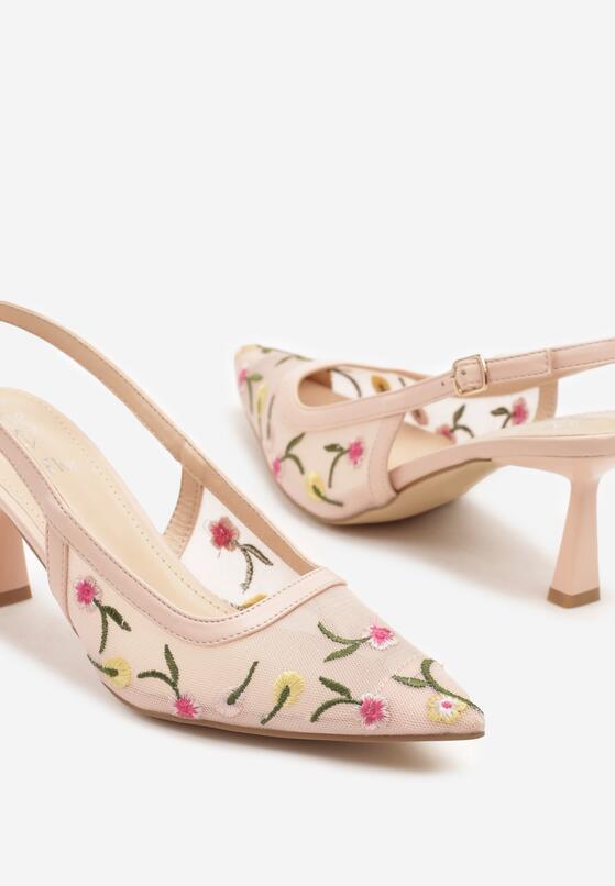Różowe Sandały Slingback na Obcasie Typu Klepsydra Zdobione Haftem Iveltewia 6