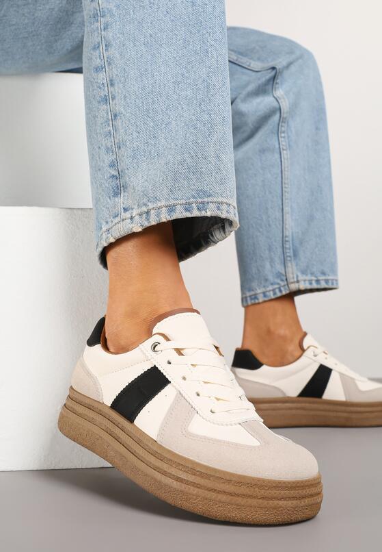 Beżowo-Czarne Sneakersy Klasyczne Tenisówki na Tłoczonej Platformie Nanislla 2