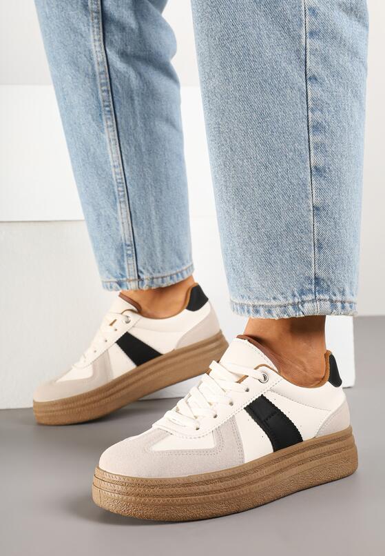 Beżowo-Czarne Sneakersy Klasyczne Tenisówki na Tłoczonej Platformie Nanislla 1