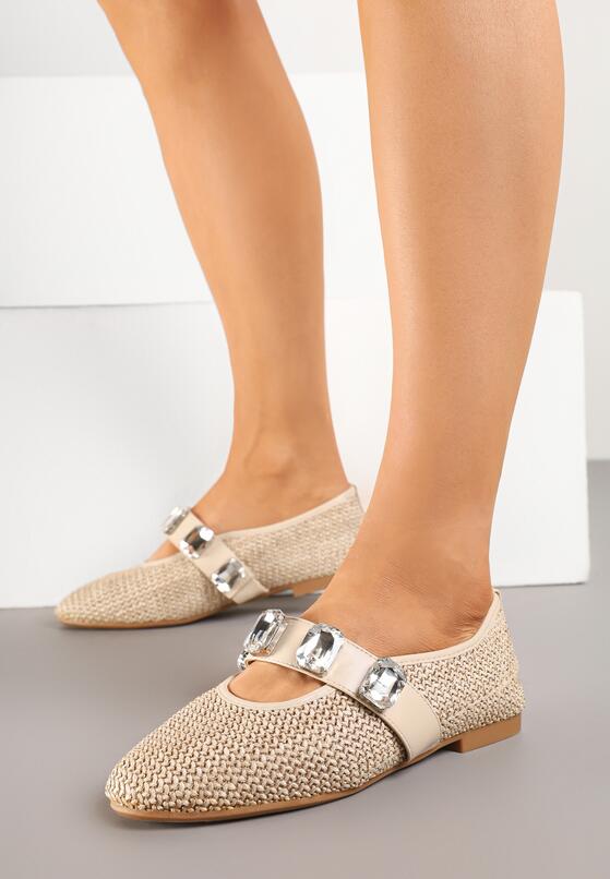 Beżowe Balerinki z Elastycznym Paskiem i Aplikacją z Cyrkoniami Jaledia 1