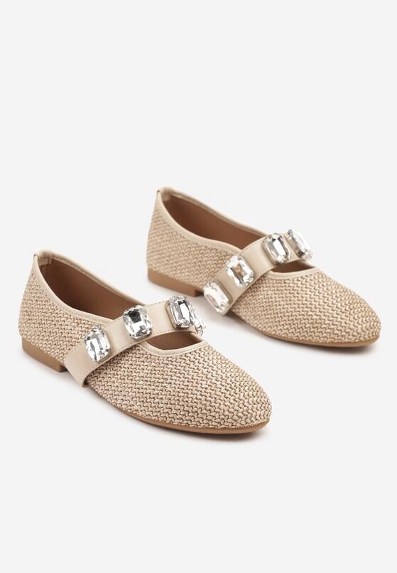 Beżowe Balerinki z Elastycznym Paskiem i Aplikacją z Cyrkoniami Jaledia 5