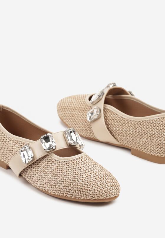 Beżowe Balerinki z Elastycznym Paskiem i Aplikacją z Cyrkoniami Jaledia 6