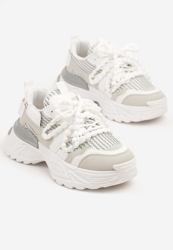 Białe Sneakersy na Grubej Tłoczonej Podeszwie z Koralikami Zolvia 5