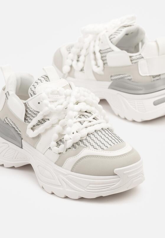 Białe Sneakersy na Grubej Tłoczonej Podeszwie z Koralikami Zolvia 6