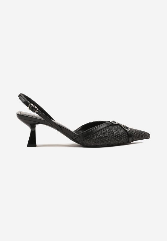 Czarne Sandały Slingback na Obcasie Typu Kaczuszka Zdobione Klamrami Adivilo 4