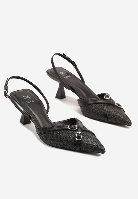 Czarne Sandały Slingback na Obcasie Typu Kaczuszka Zdobione Klamrami Adivilo 5