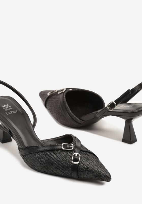 Czarne Sandały Slingback na Obcasie Typu Kaczuszka Zdobione Klamrami Adivilo 6