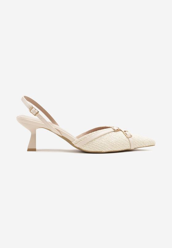 Beżowe Sandały Slingback na Obcasie Typu Kaczuszka Zdobione Klamrami Adivilo 4