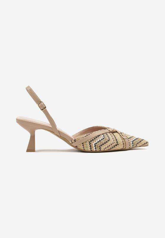 Ciemnobeżowe Sandały Slingback na Obcasie Typu Kaczuszka Zdobione Klamrami Adivilo 4