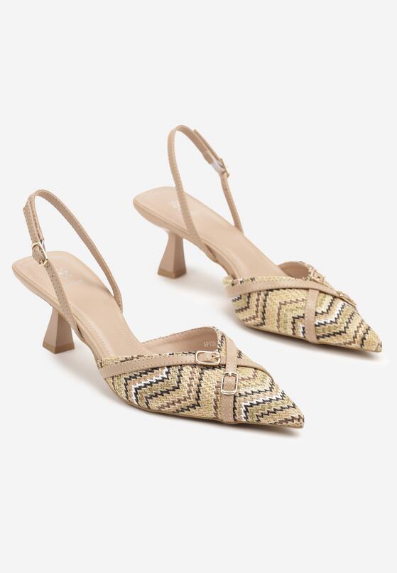 Ciemnobeżowe Sandały Slingback na Obcasie Typu Kaczuszka Zdobione Klamrami Adivilo 5