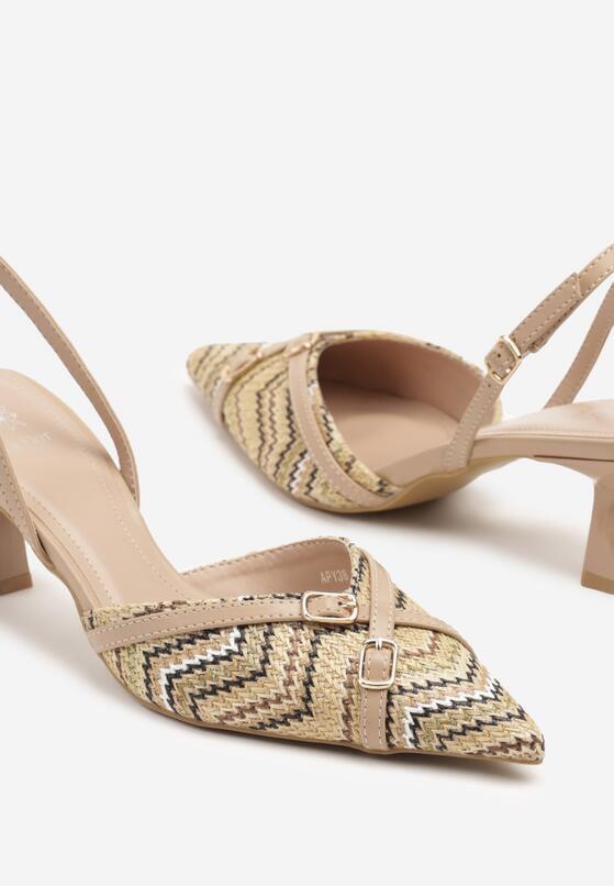 Ciemnobeżowe Sandały Slingback na Obcasie Typu Kaczuszka Zdobione Klamrami Adivilo 6