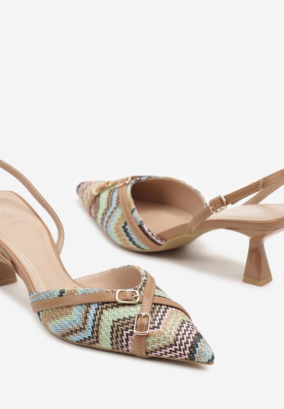 Brązowe Sandały Slingback na Obcasie Typu Kaczuszka Zdobione Klamrami Adivilo 6