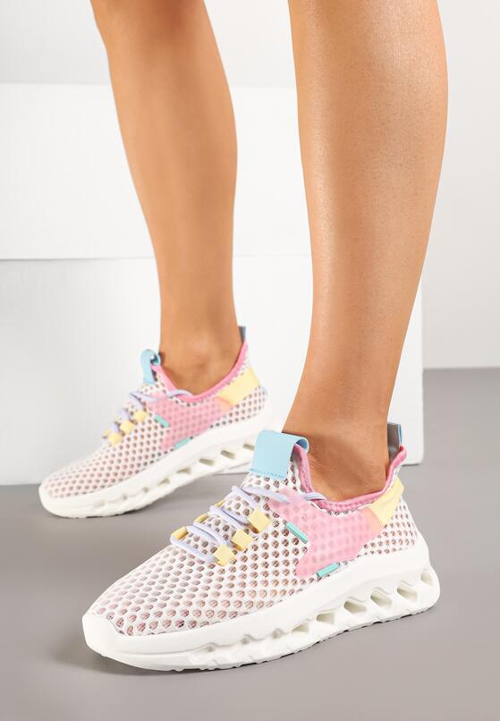 Biało-Różowe Siateczkowe Buty Sportowe Sneakersy na Grubej Tłoczonej Podeszwie Luriane 1