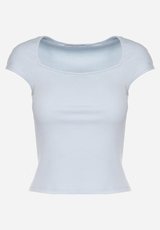Niebieski Dopasowany T-shirt z Wiskozą w Prążki z Kwadratowym Dekoltem Alannia 6