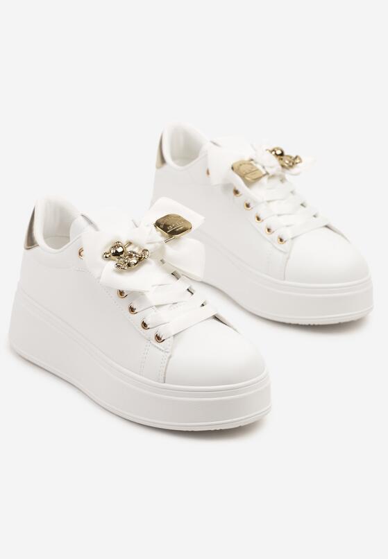 Białe Sneakersy Ozdobione Kokardą i Metaliczną Aplikacją Wilselia 5