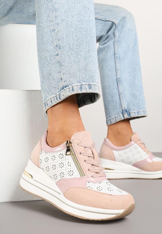 Różowe Sneakersy na Ukrytym Koturnie z Ozdobnym Suwakiem i Ażurowym Wzorem Reladia 2