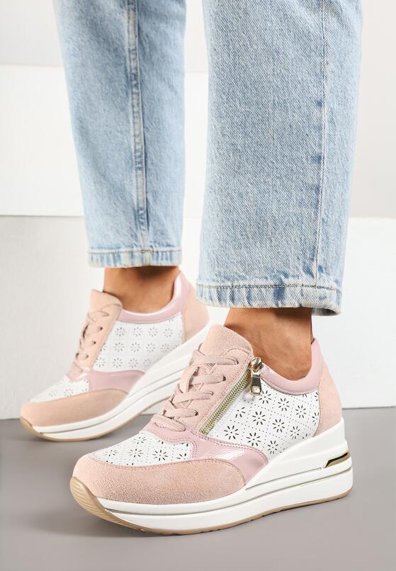 Różowe Sneakersy na Ukrytym Koturnie z Ozdobnym Suwakiem i Ażurowym Wzorem Reladia 1