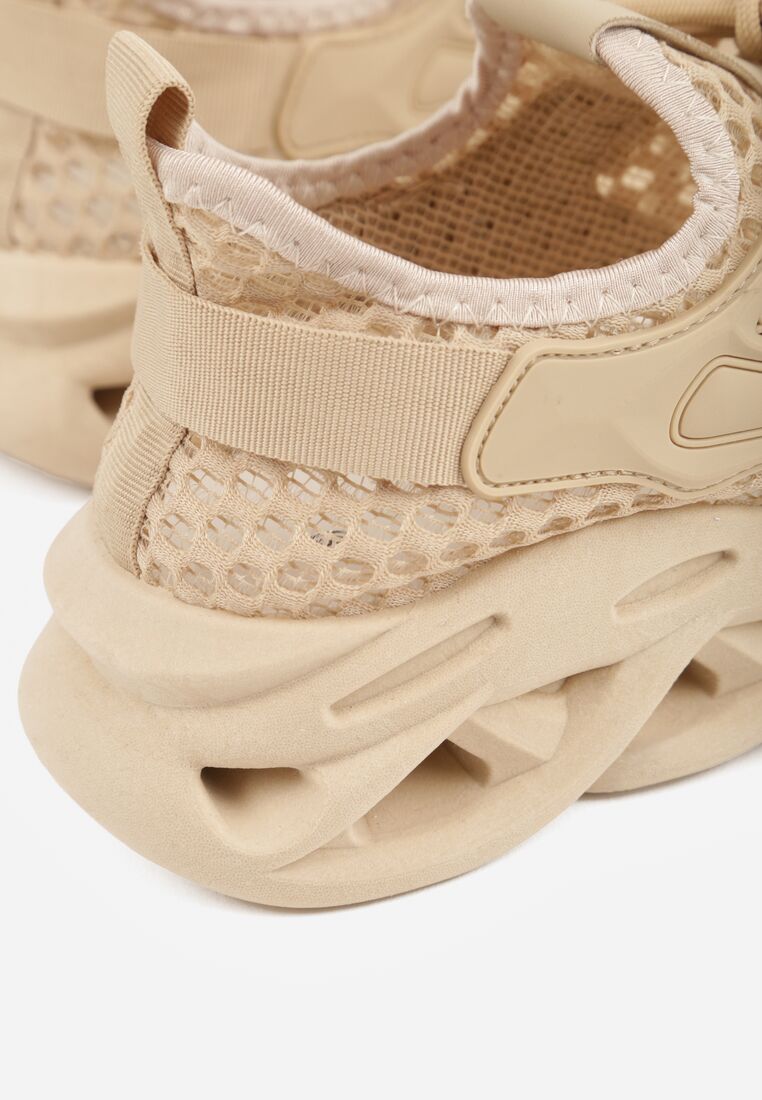 Ciemnobeżowe Siateczkowe Buty Sportowe Sneakersy na Grubej Tłoczonej Podeszwie Telarienna 9