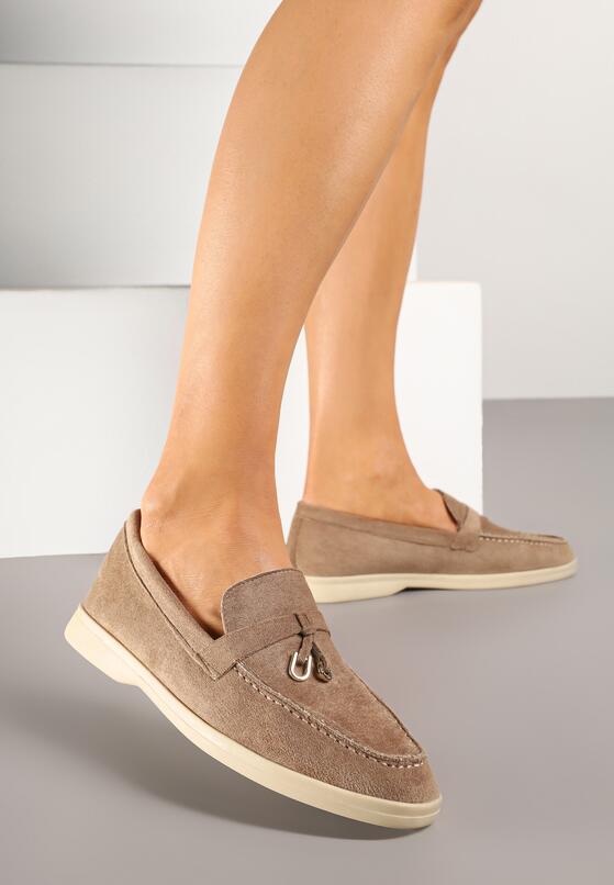 Ciemnobeżowe Mokasyny z Imitacji Zamszu z Ozdobną Aplikacją Tasseli 2