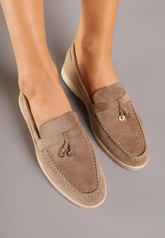 Ciemnobeżowe Mokasyny z Imitacji Zamszu z Ozdobną Aplikacją Tasseli 3