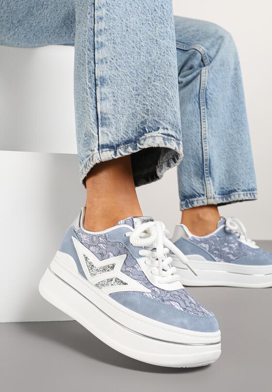 Niebieskie Sneakersy na Grubej Podeszwie z Gwiazdą i Brokatem Telesaris 2