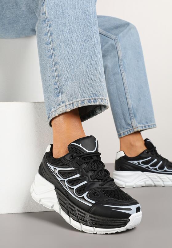 Czarne Sneakersy w Streetwearowym Stylu na Grubej Podeszwie z Tłoczeniami Siltewi 2