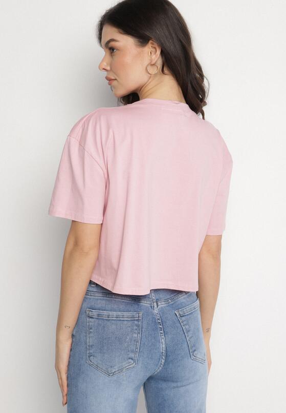 Różowy Bawełniany T-shirt o Krótkim Kroju z Misiem Elanorel 3