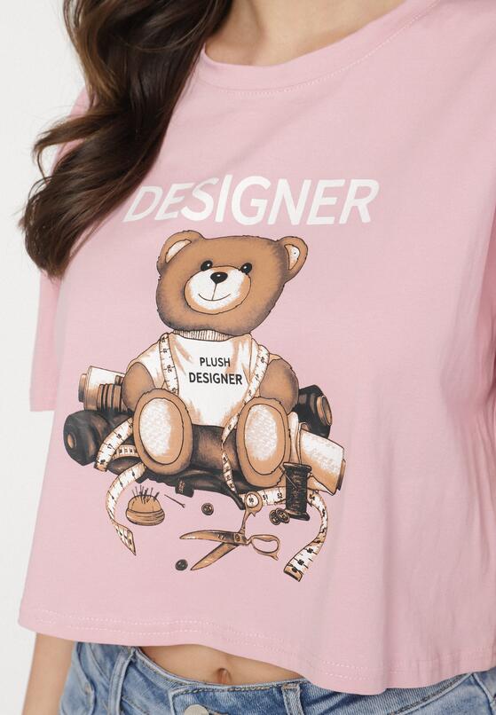 Różowy Bawełniany T-shirt o Krótkim Kroju z Misiem Elanorel 5